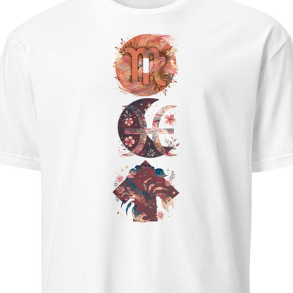 White t-shirt with colorful celestial design