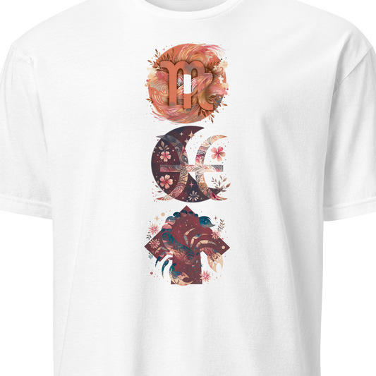 White t-shirt with colorful celestial design