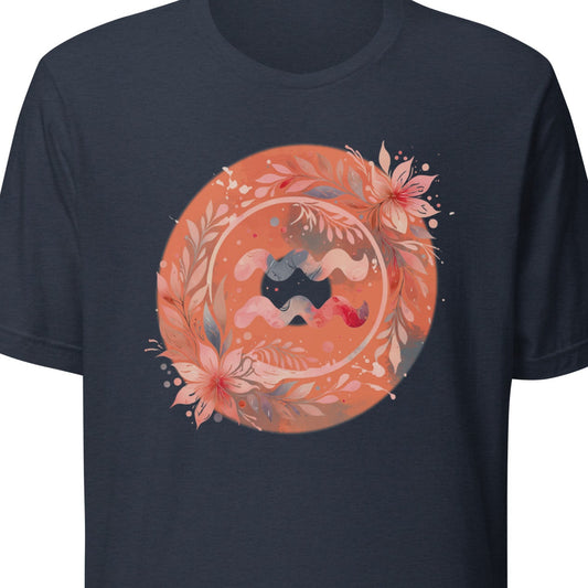 Navy blue t-shirt with a circular floral design in orange and pink on a white background