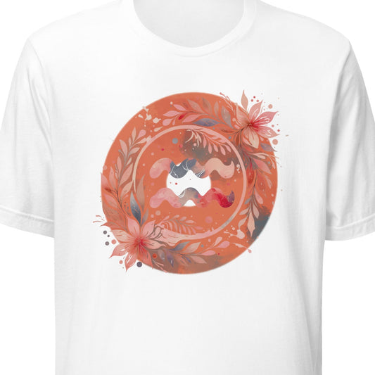 White t-shirt with a circular design featuring an aquarius sign and floral elements