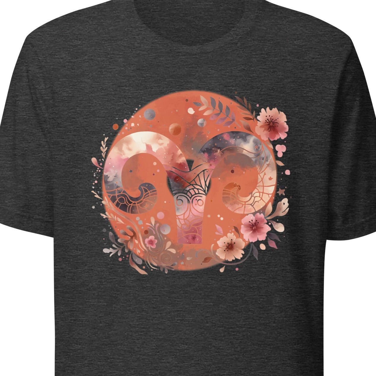 Gray t-shirt with a colorful design featuring flowers and a moon