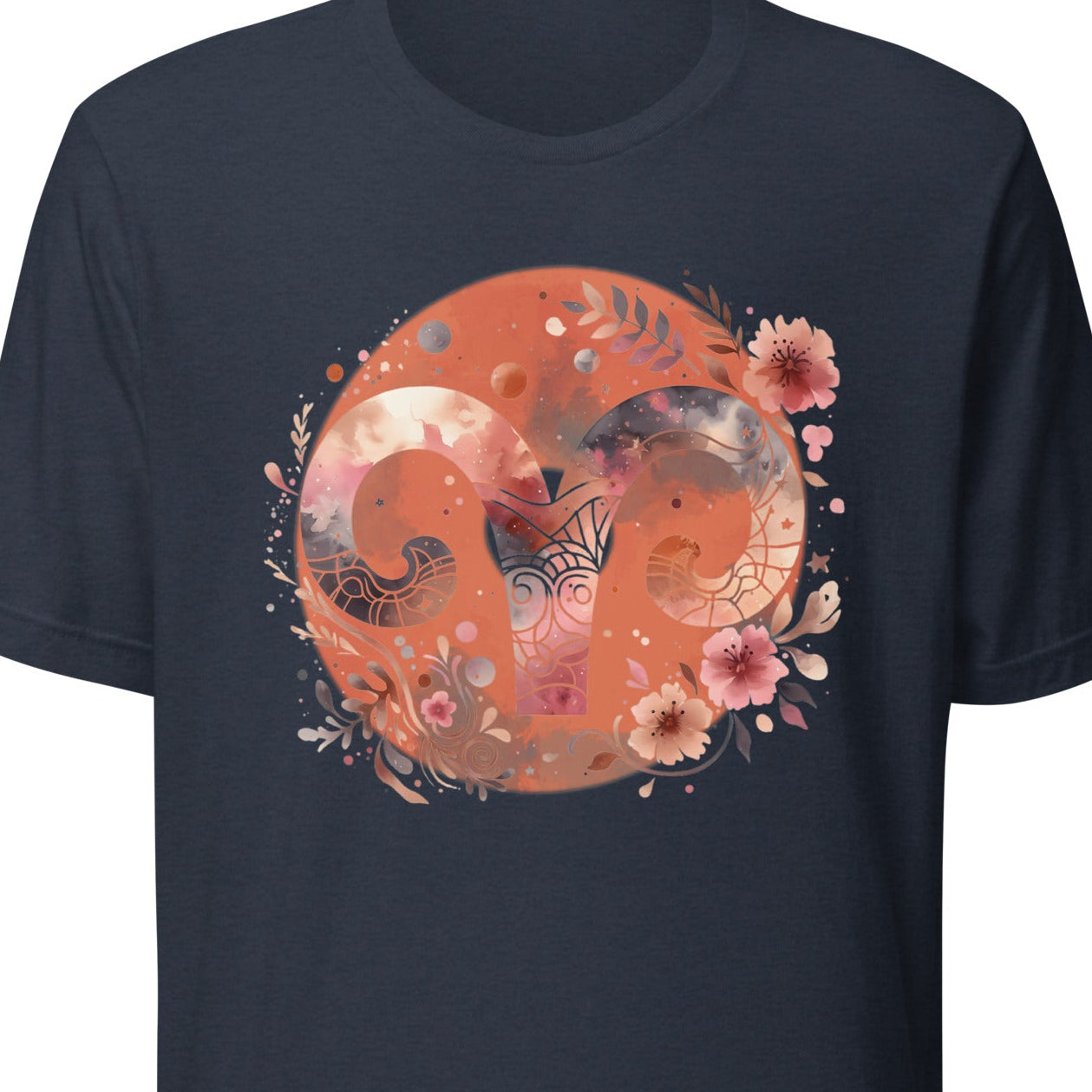 Navy blue t-shirt with a colorful graphic design 