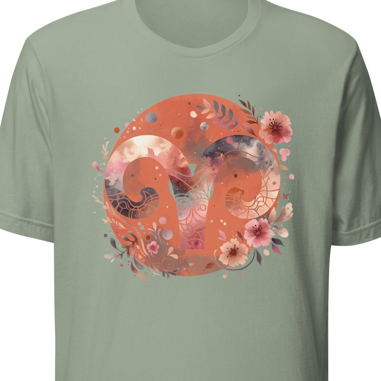 Green t-shirt with a floral zodiac design 