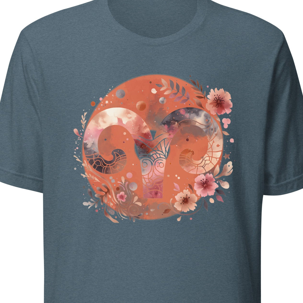 Blue t-shirt with a colorful abstract design