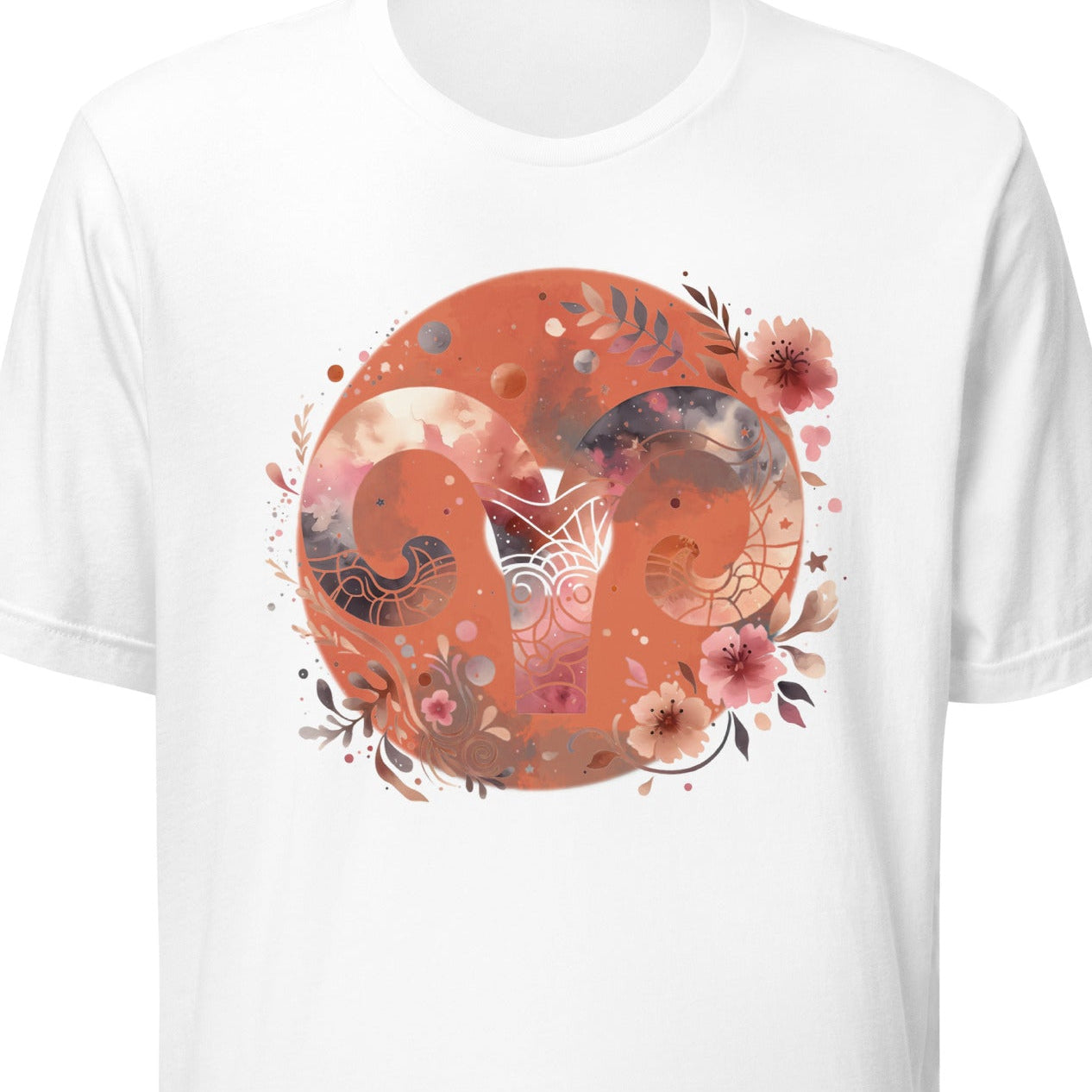 White t-shirt with a floral yin yang design on a white background