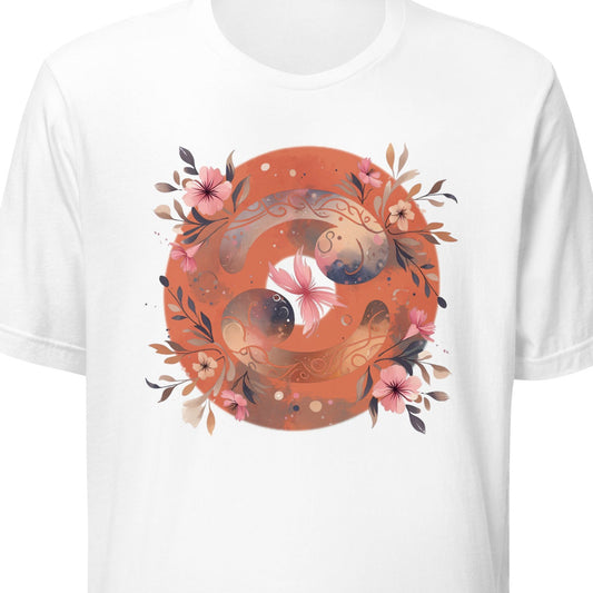 White t-shirt with a floral and cancer design on a white background
