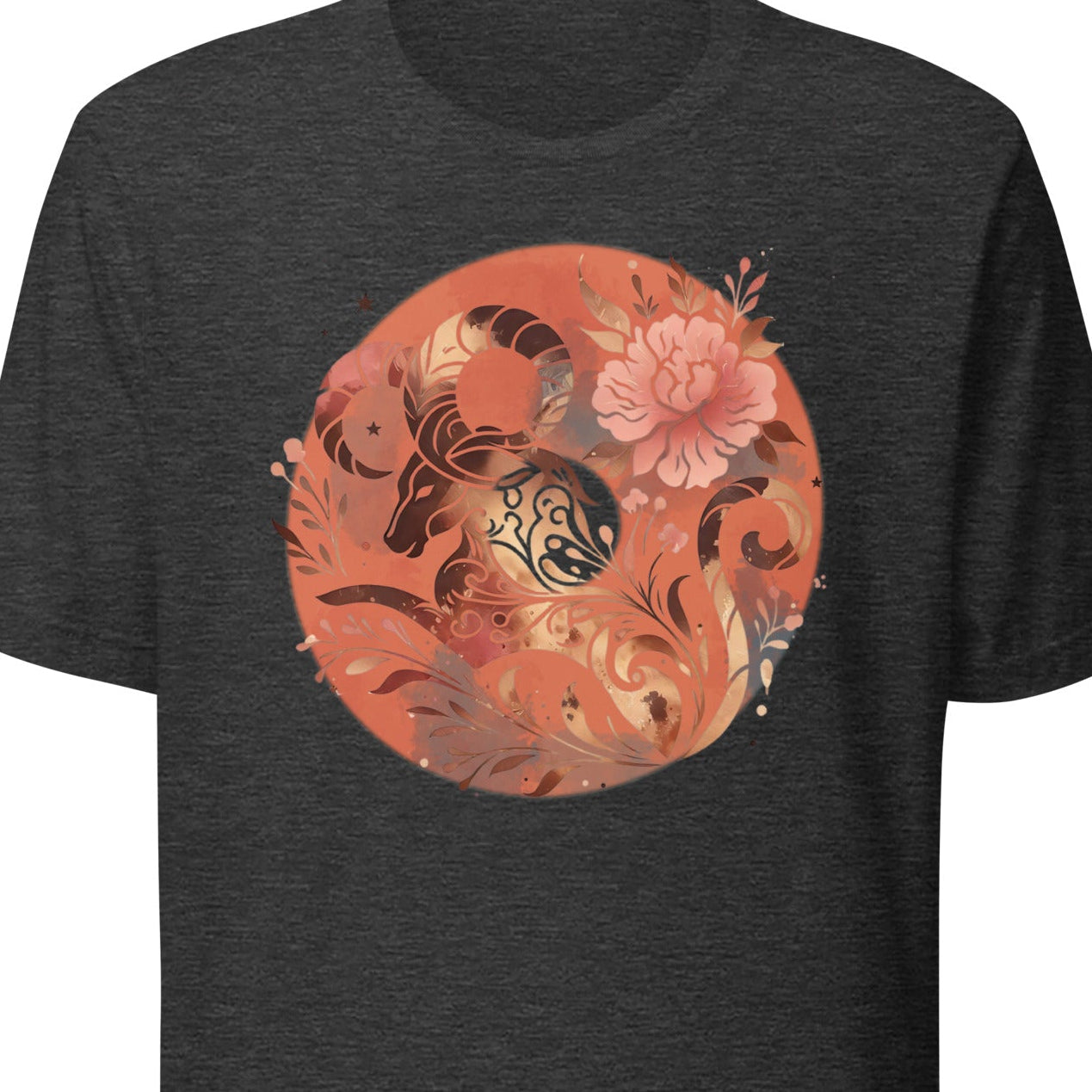 gray t-shirt with a circular design featuring a ram, flowers, and a moon