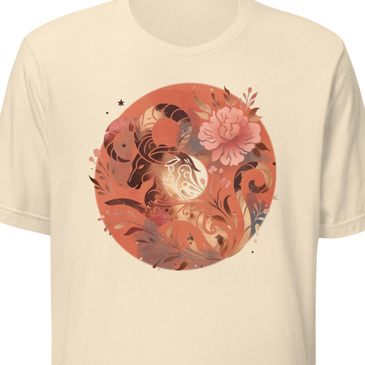 Beige t-shirt with a circular design featuring a ram and flowers 