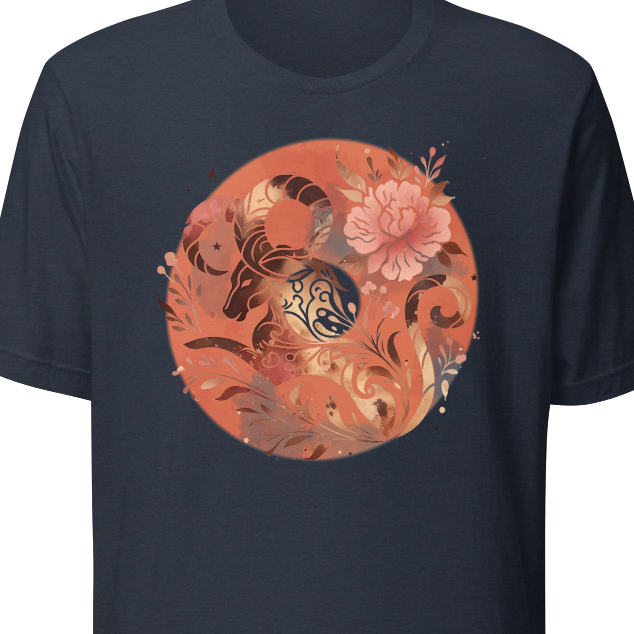 Navy blue t-shirt with a circular design featuring a ram and floral elements