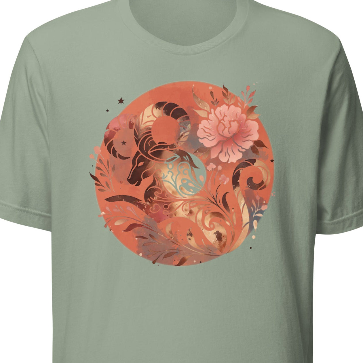 Green t-shirt with a circular design featuring an capricorn sign and flowers