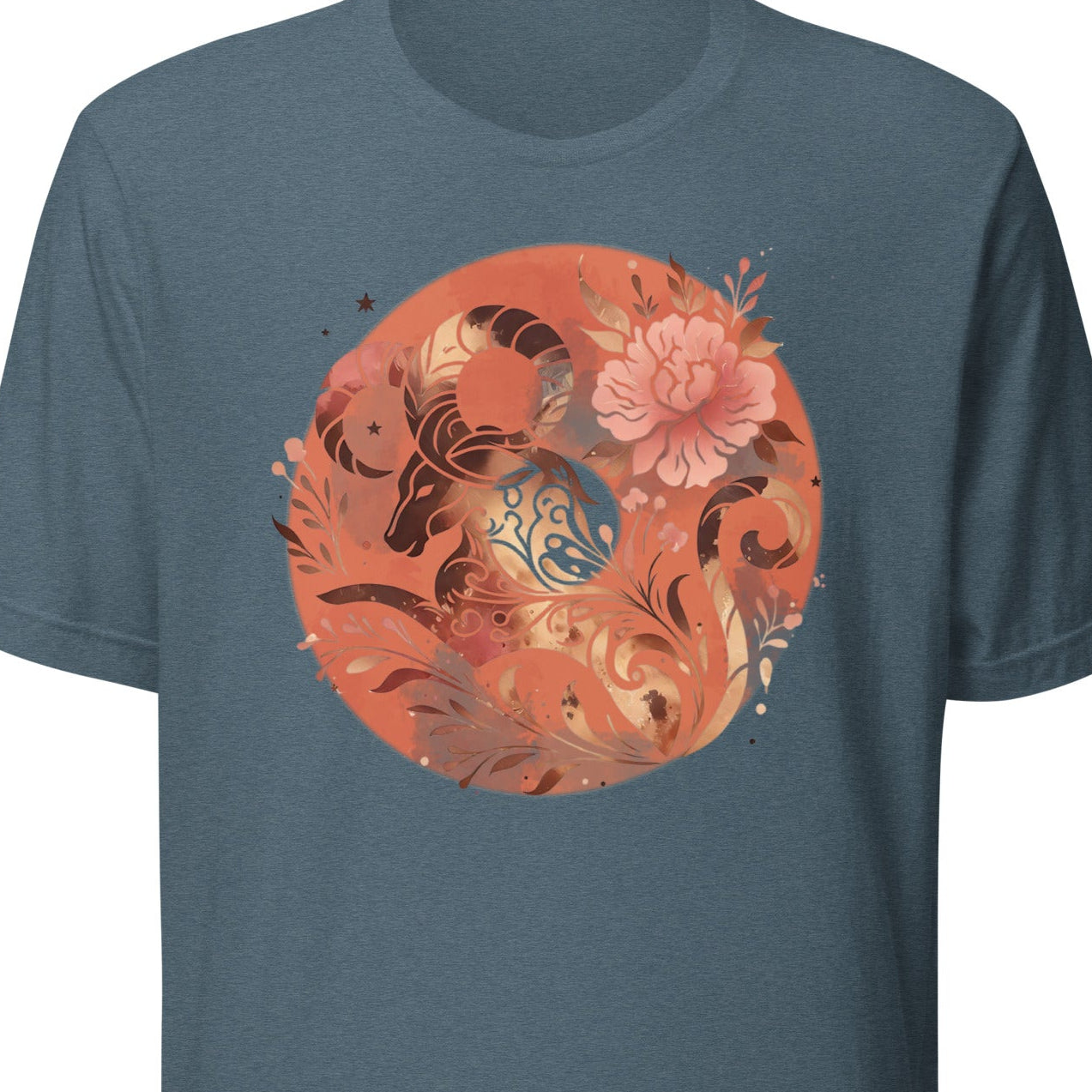 Blue t-shirt with a circular design featuring a ram and flowers 