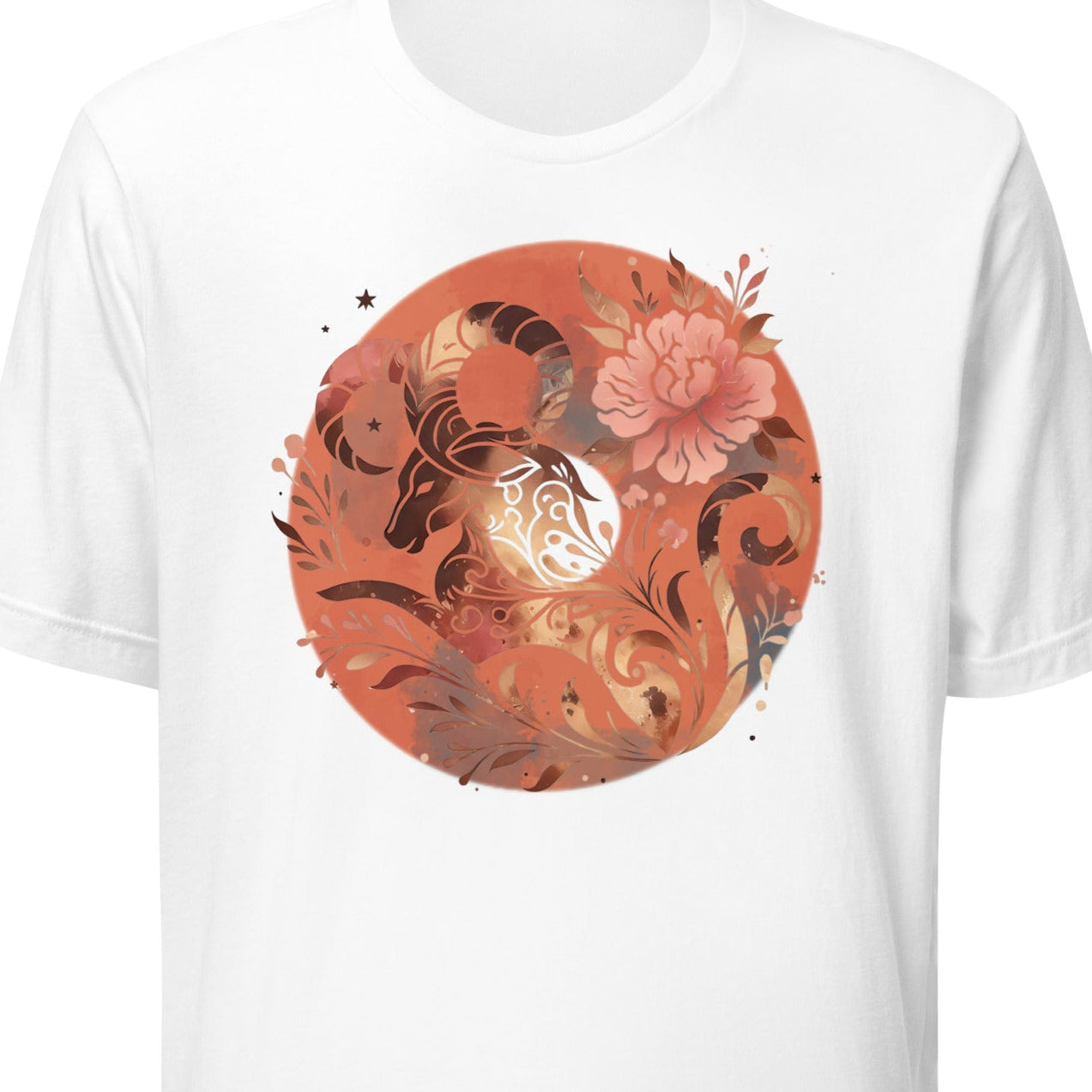 White t-shirt with a colorful floral and animal design on a white background