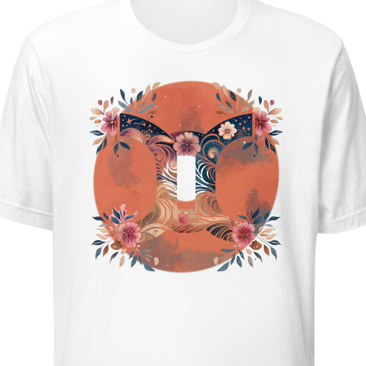 White t-shirt with a floral gemini design on a white background