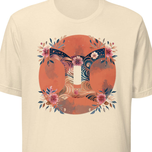Beige t-shirt with a floral gemini design 
