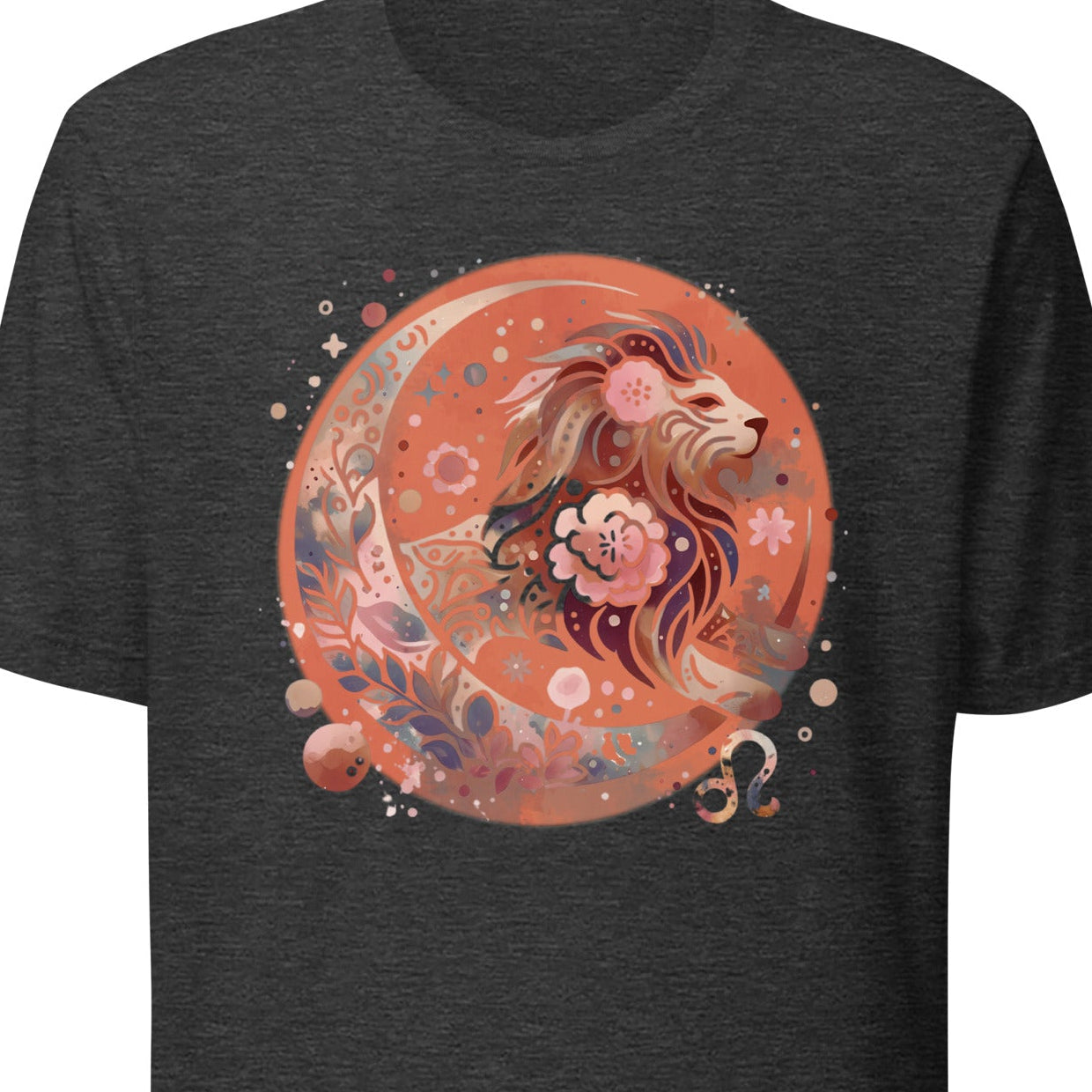 dark gray t-shirt with a colorful graphic design of a lion and floral elements 