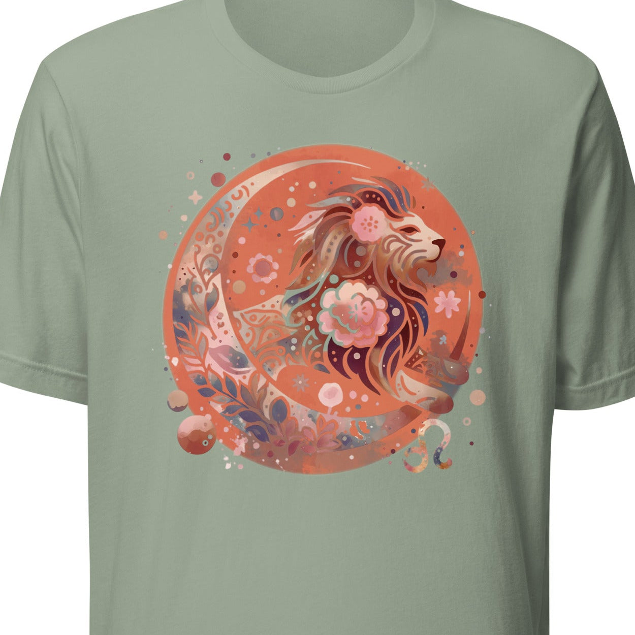 Green t-shirt with a colorful lion design 