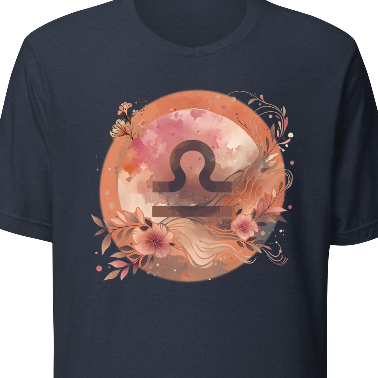 Navy blue t-shirt with a Libra zodiac symbol design 