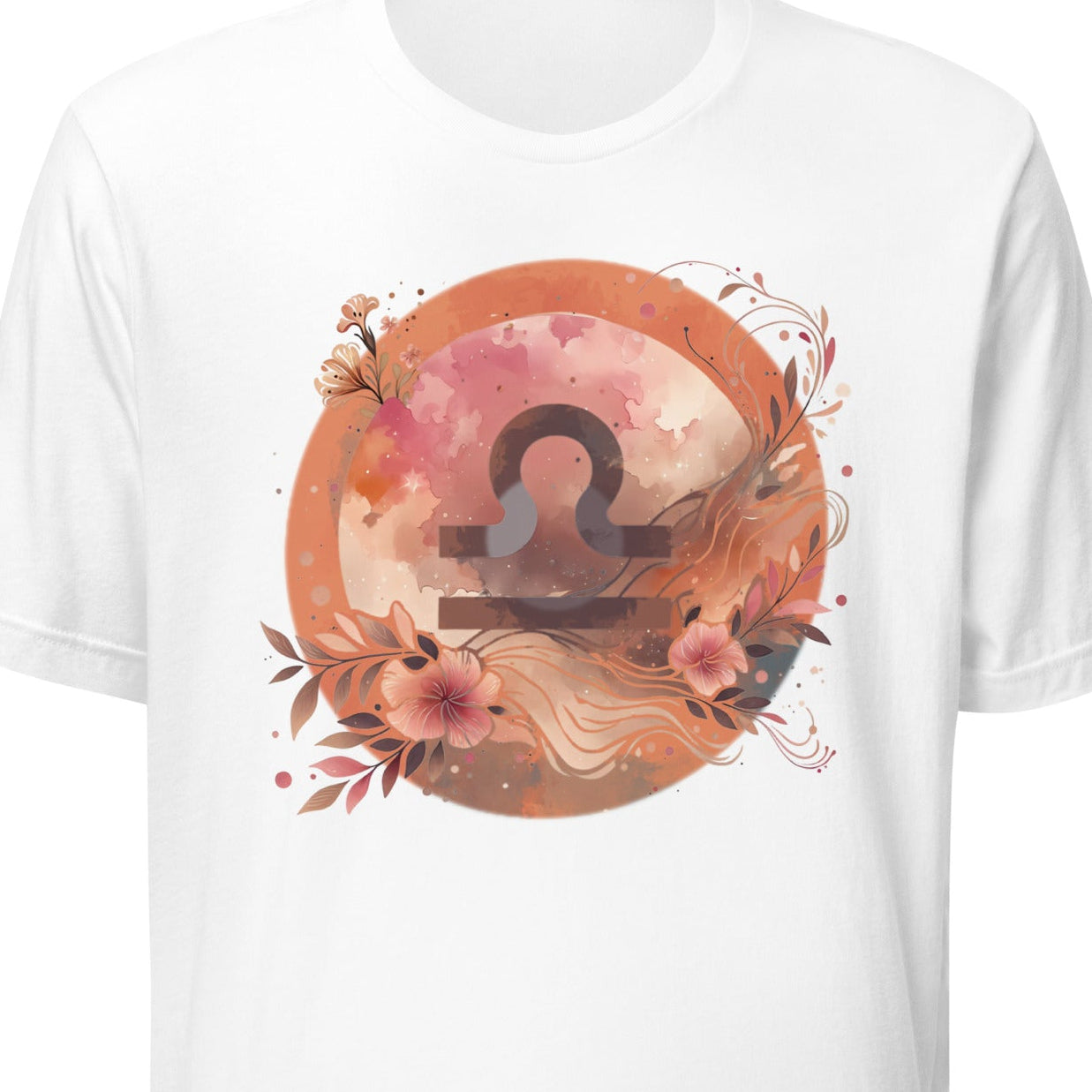 White t-shirt with a floral and zodiac design on a white background