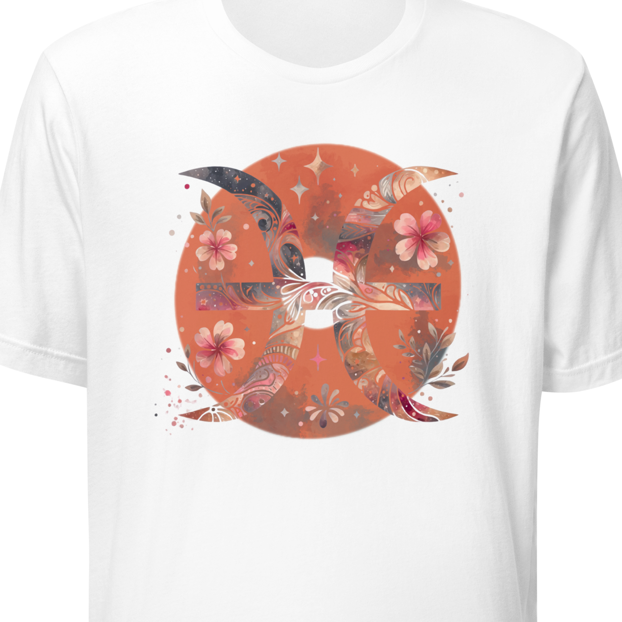 White t-shirt with a colorful design featuring a pisces sign and flowers
