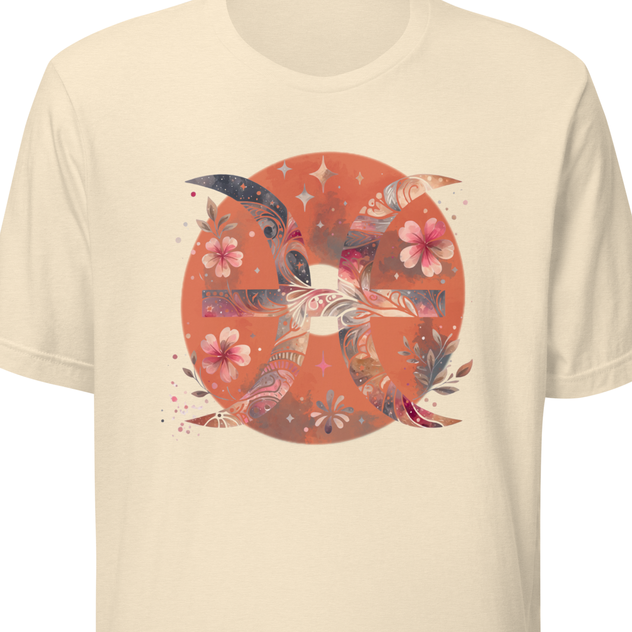 Natural colored t-shirt with a circular design featuring a pisces sign and floral elements 
