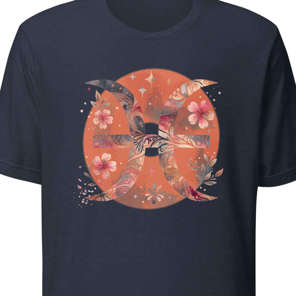 Navy blue t-shirt with a colorful graphic design