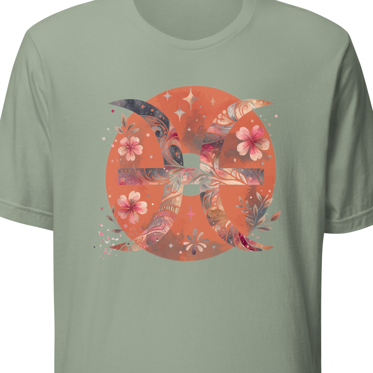 Sage green t-shirt with a colorful graphic design 