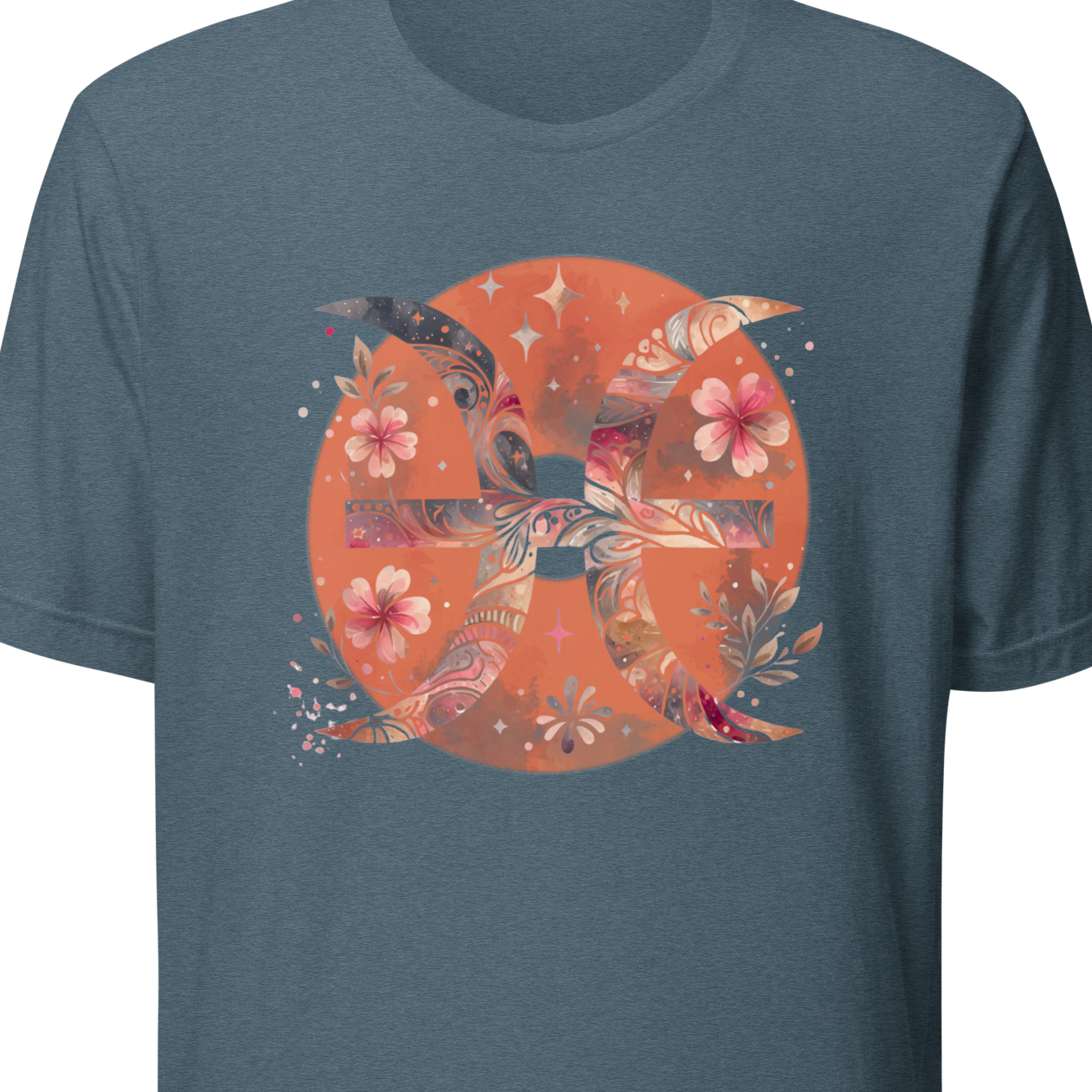 Blue t-shirt with a colorful graphic design