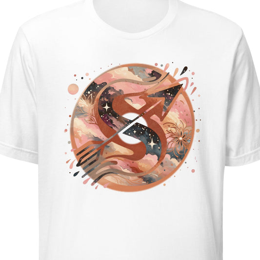 White t-shirt with a colorful graphic design on a white background