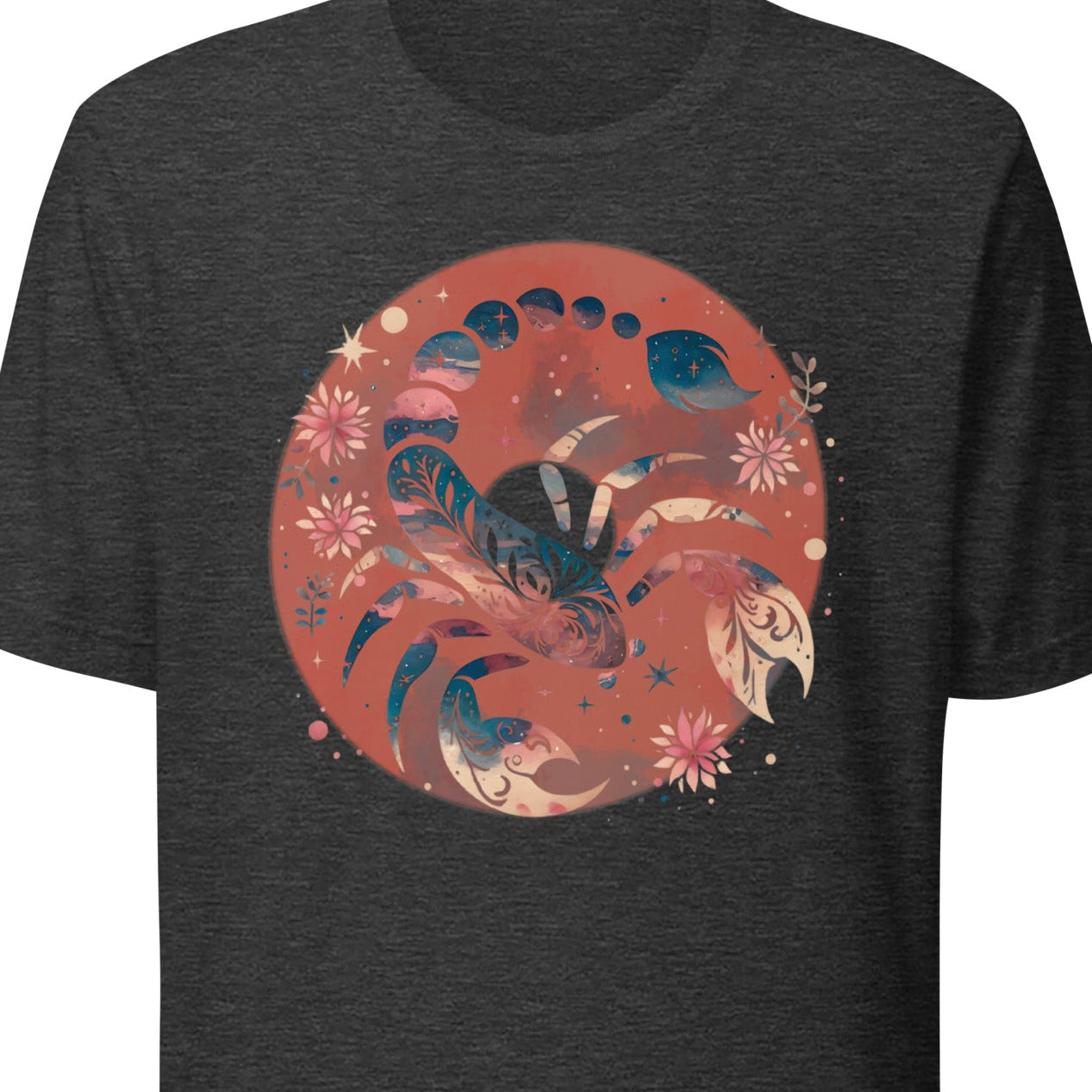 Gray t-shirt with a colorful graphic design 