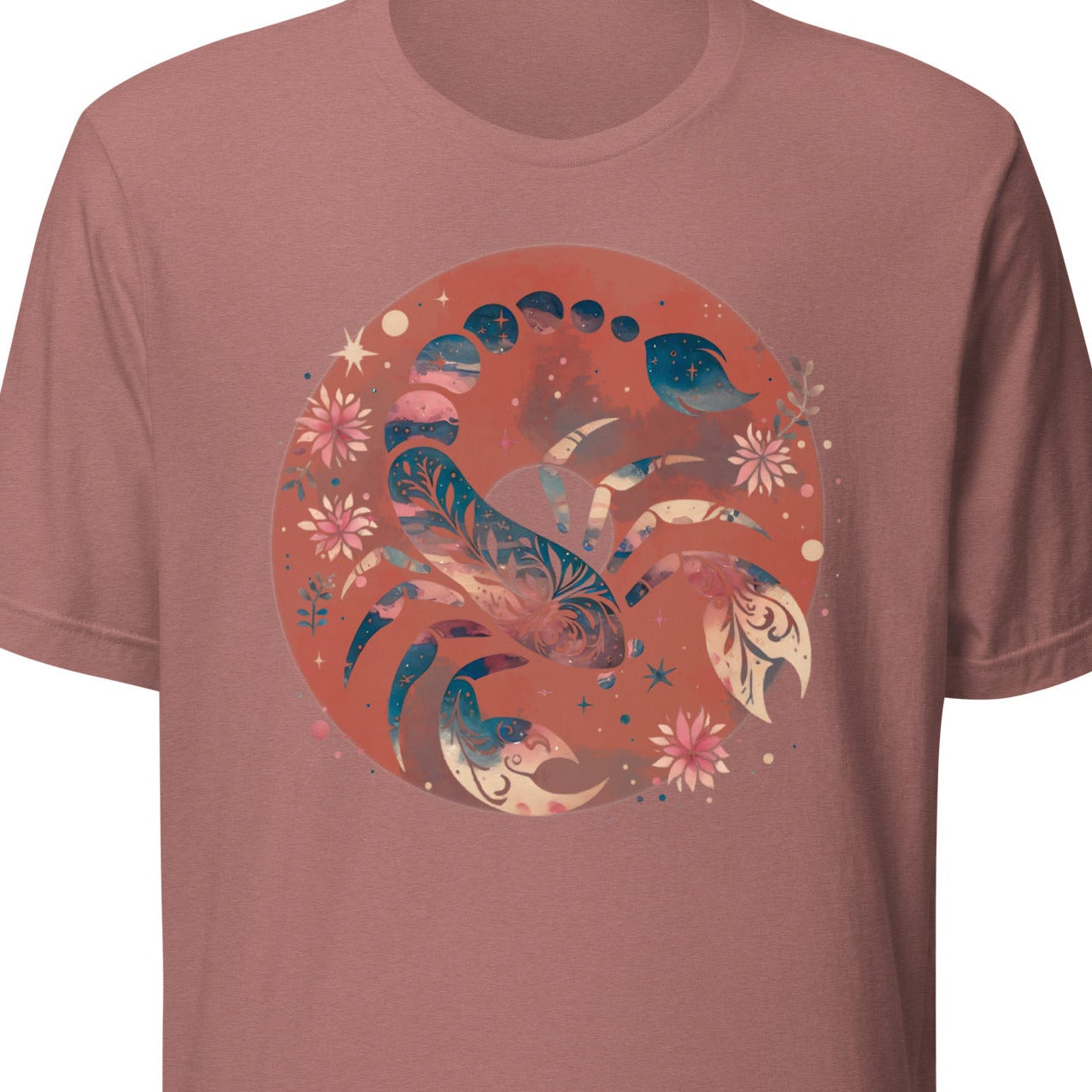 Mauve t-shirt with a circular design featuring animals and flowers