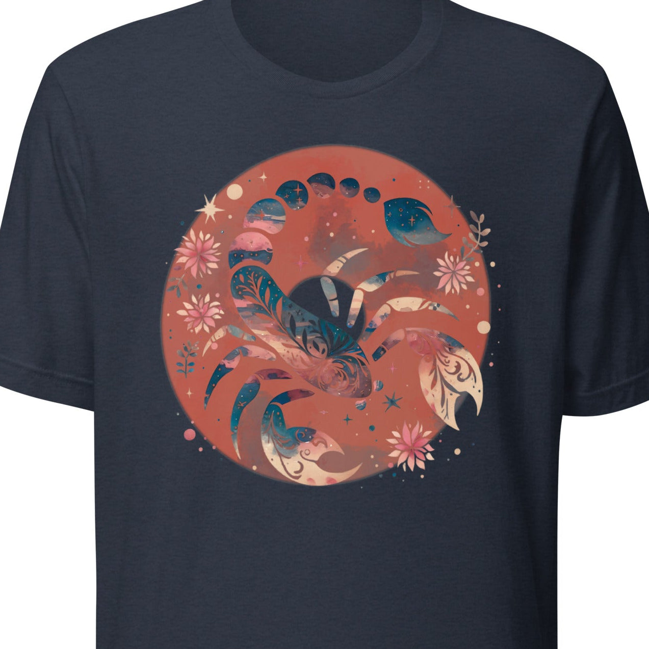 Navy blue t-shirt with a colorful graphic design 