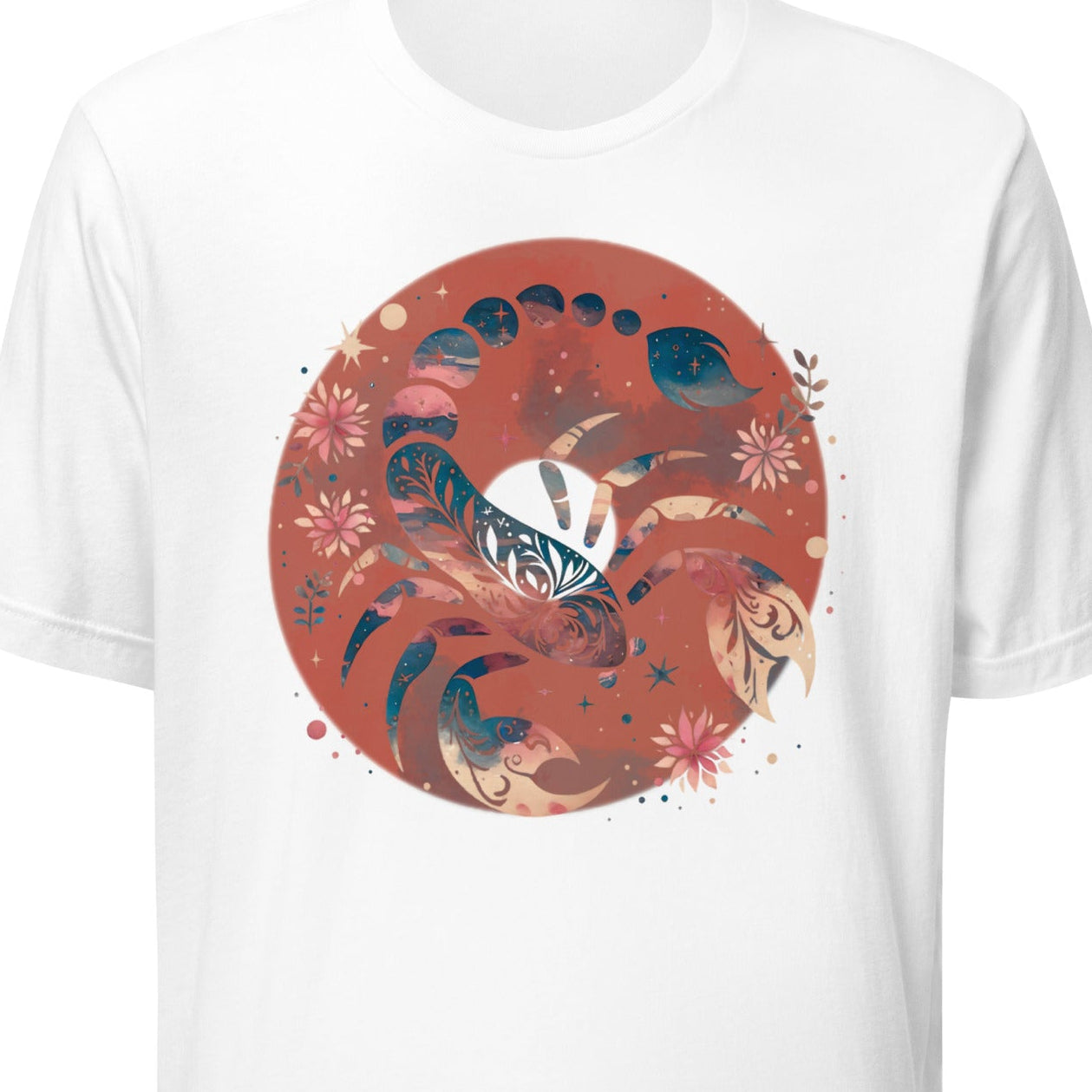 White t-shirt with a colorful circular design featuring animals on a white background
