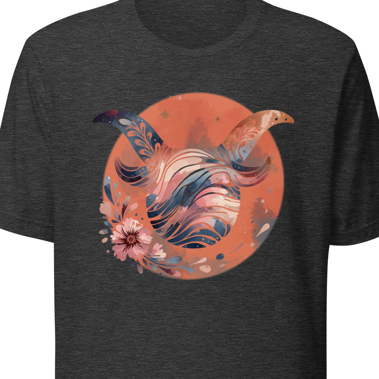 Gray t-shirt with a colorful floral design on an orange circle 