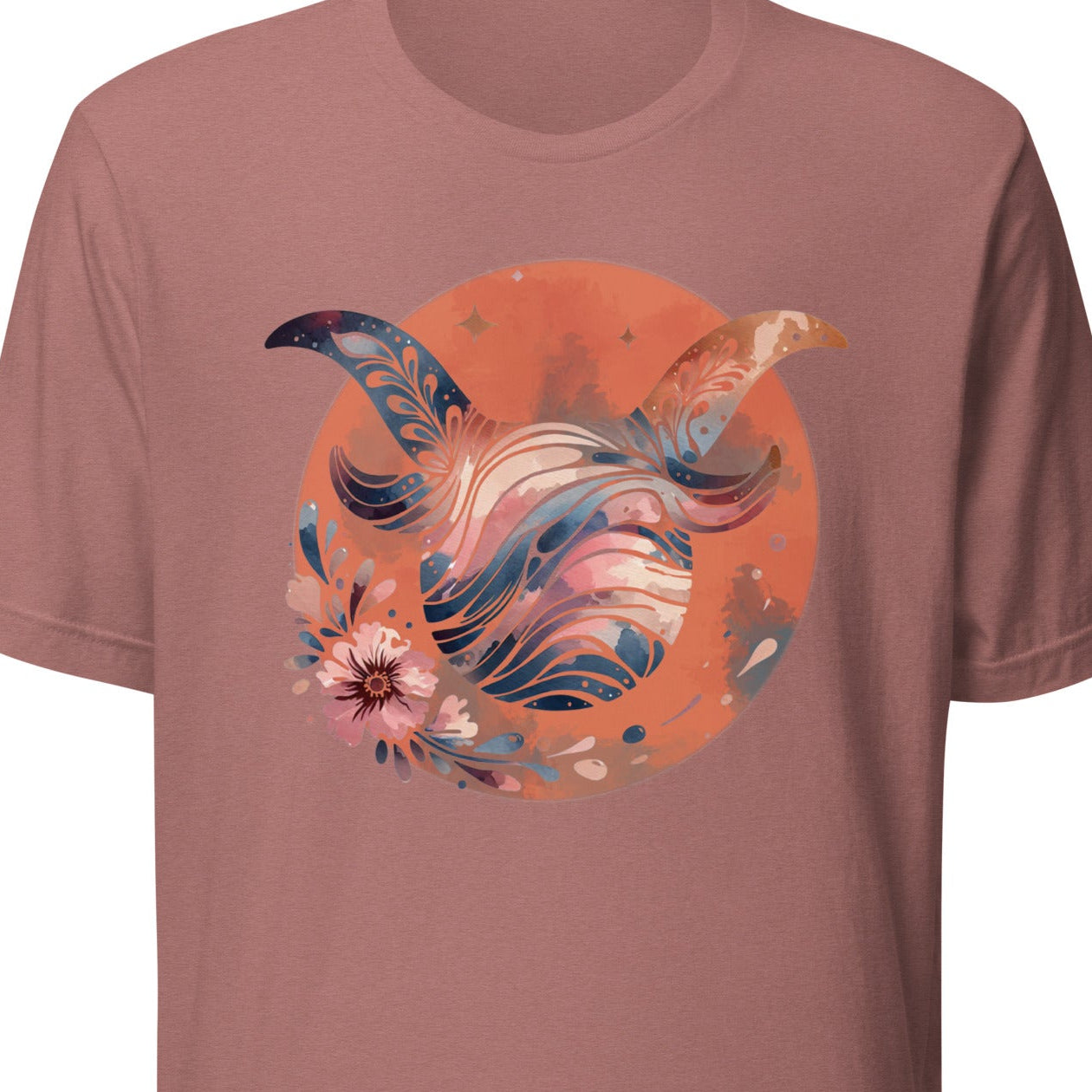 Mauve t-shirt with a floral design on an orange circle 