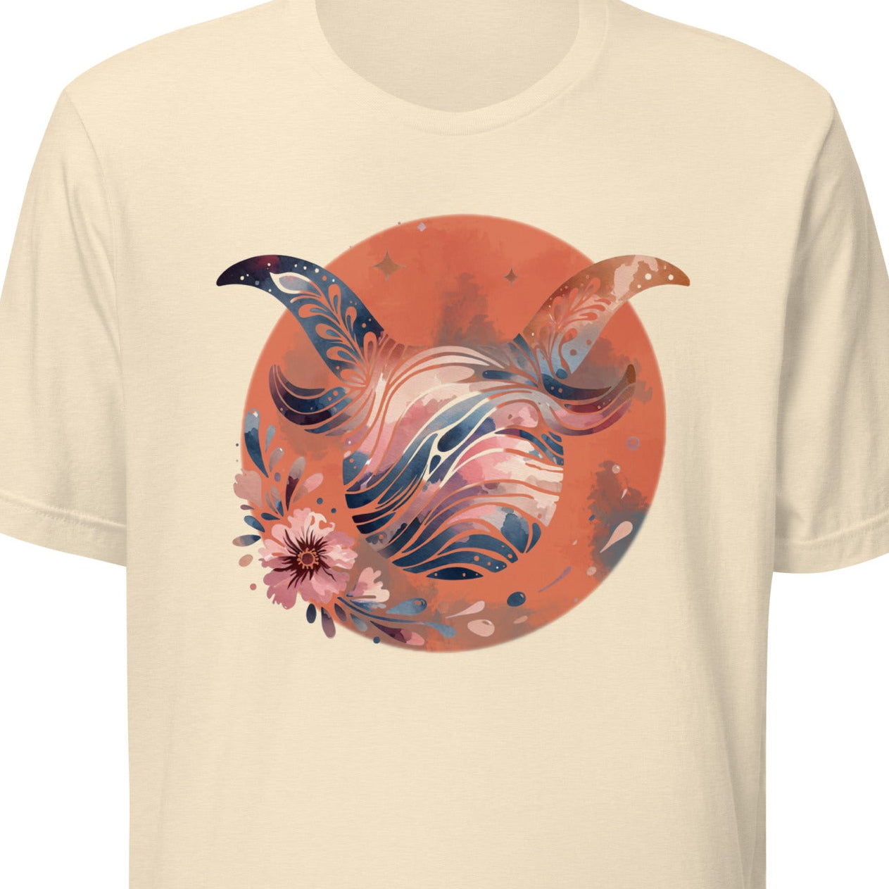 Beige t-shirt with a floral design on an orange circle