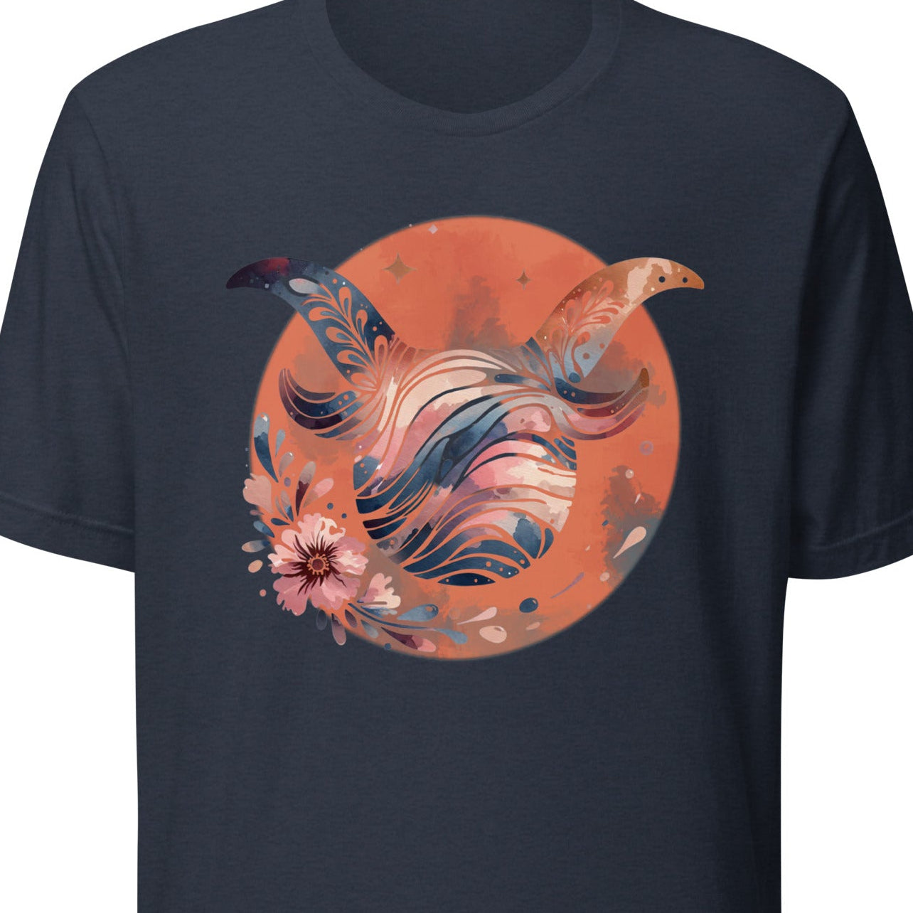 Navy t-shirt with a colorful floral design on an orange circle 