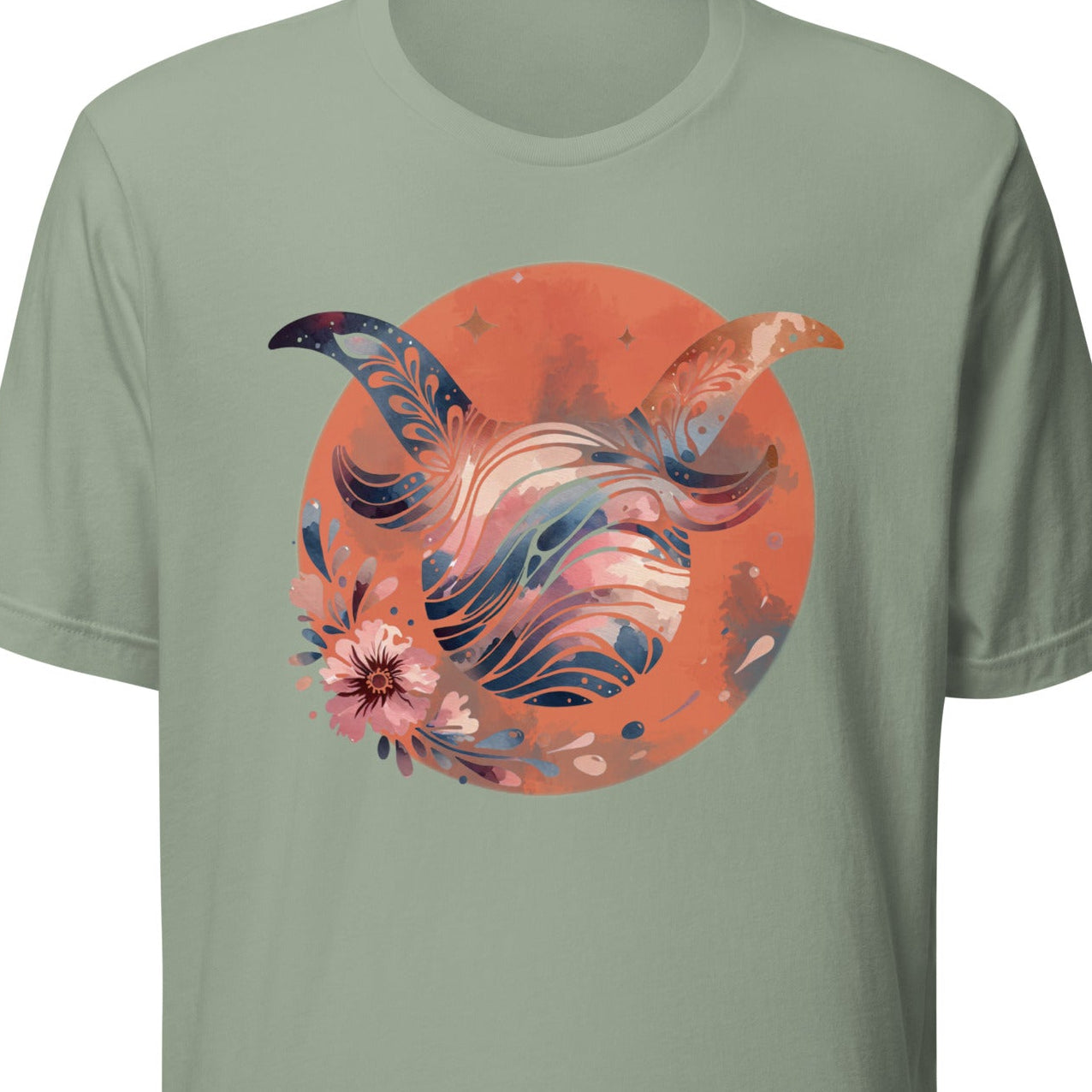 Green t-shirt with a colorful floral design 