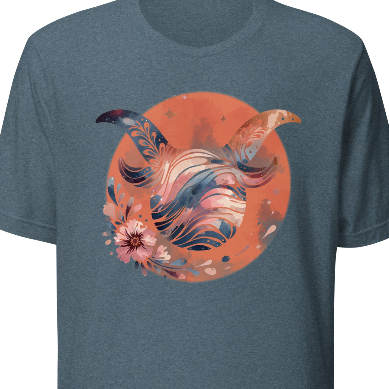 Blue t-shirt with a colorful abstract design 