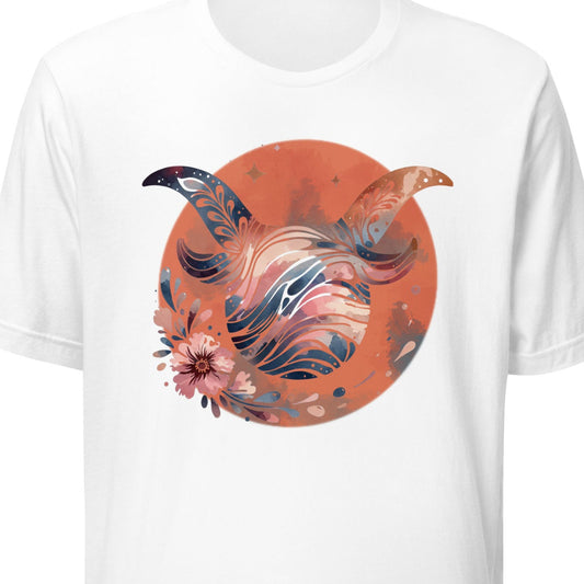 White t-shirt with a colorful abstract design on a white background