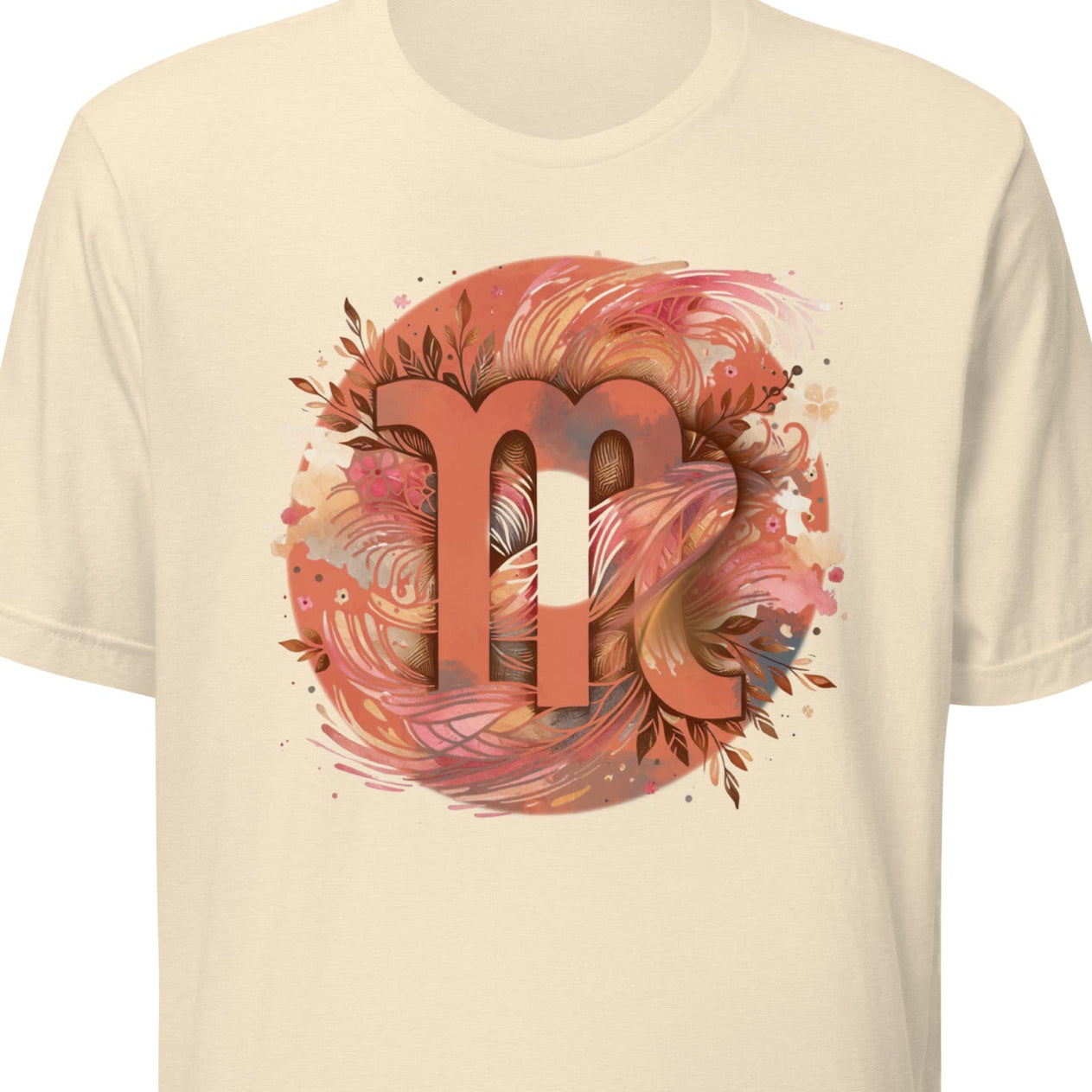 Beige t-shirt with a colorful 'm' design 