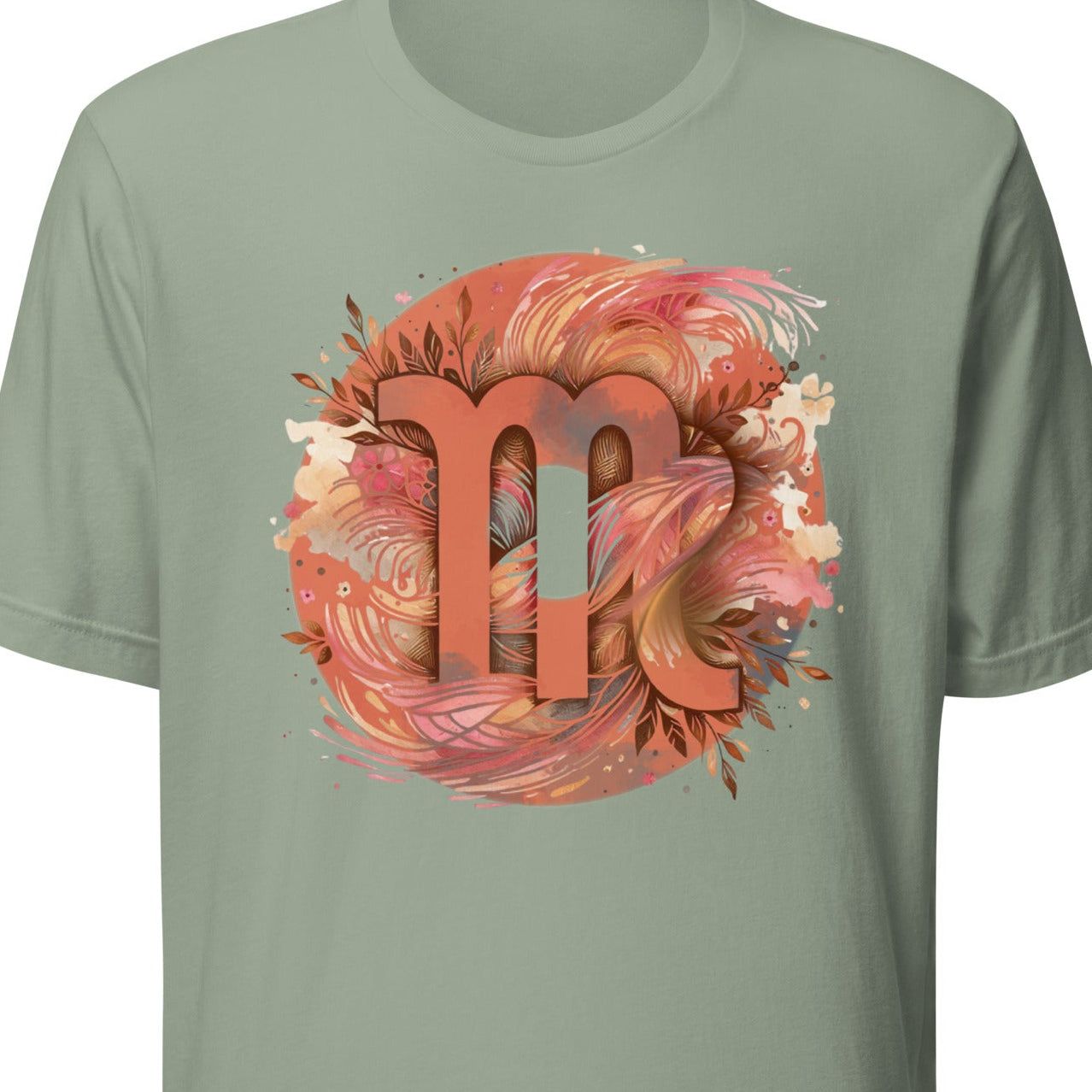 Green t-shirt with a decorative 'm' design