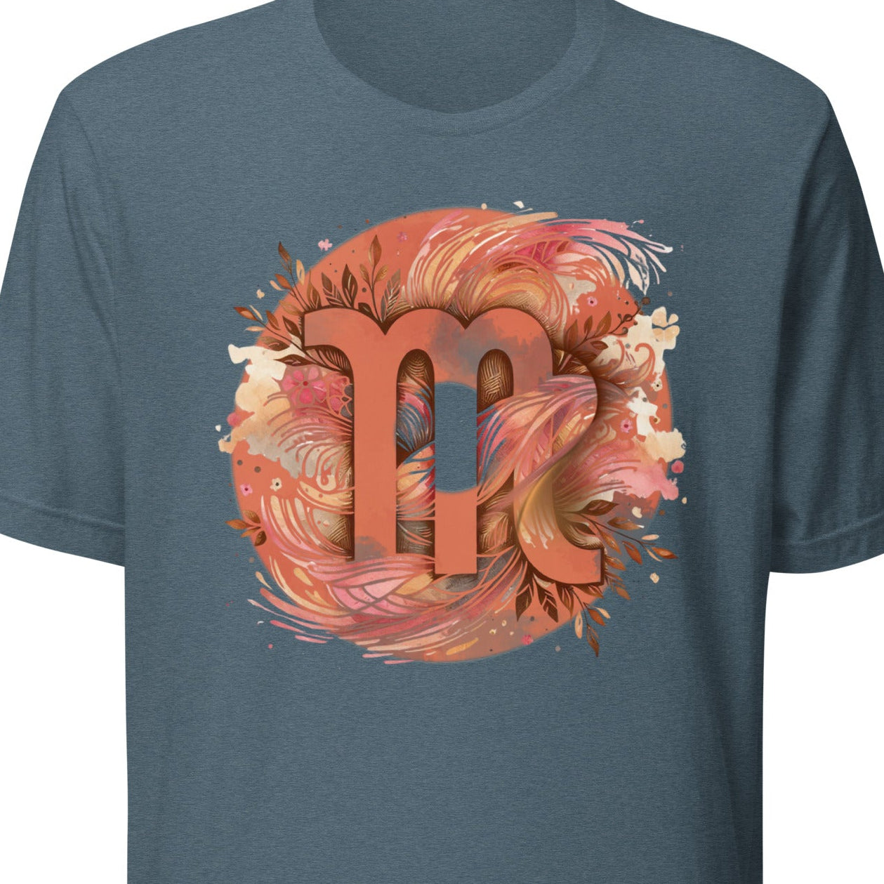 Blue t-shirt with a colorful 'm' design