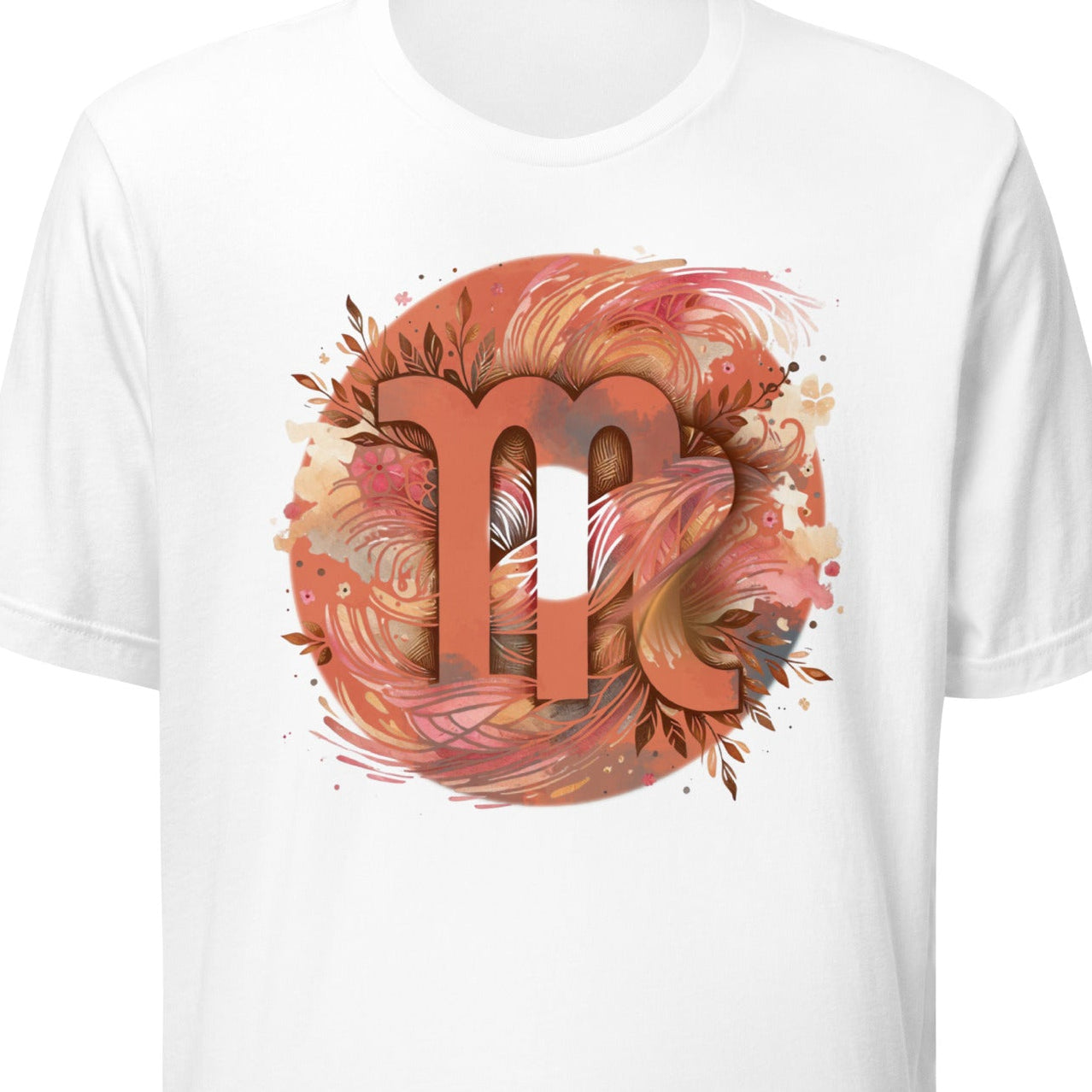 White t-shirt with a colorful 'm' design on a white background