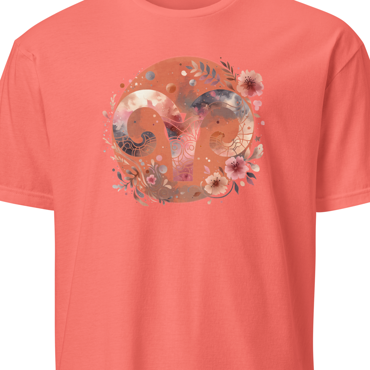 Coral t-shirt with floral and aries design 