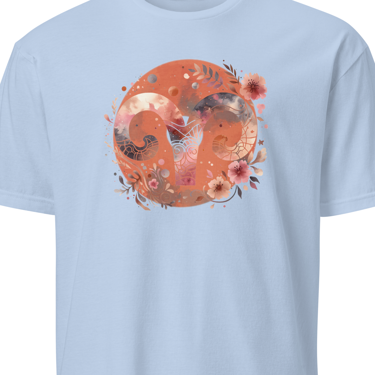 Light blue t-shirt with a floral and abstract design 
