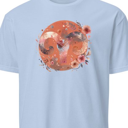 Light blue t-shirt with a floral and abstract design 