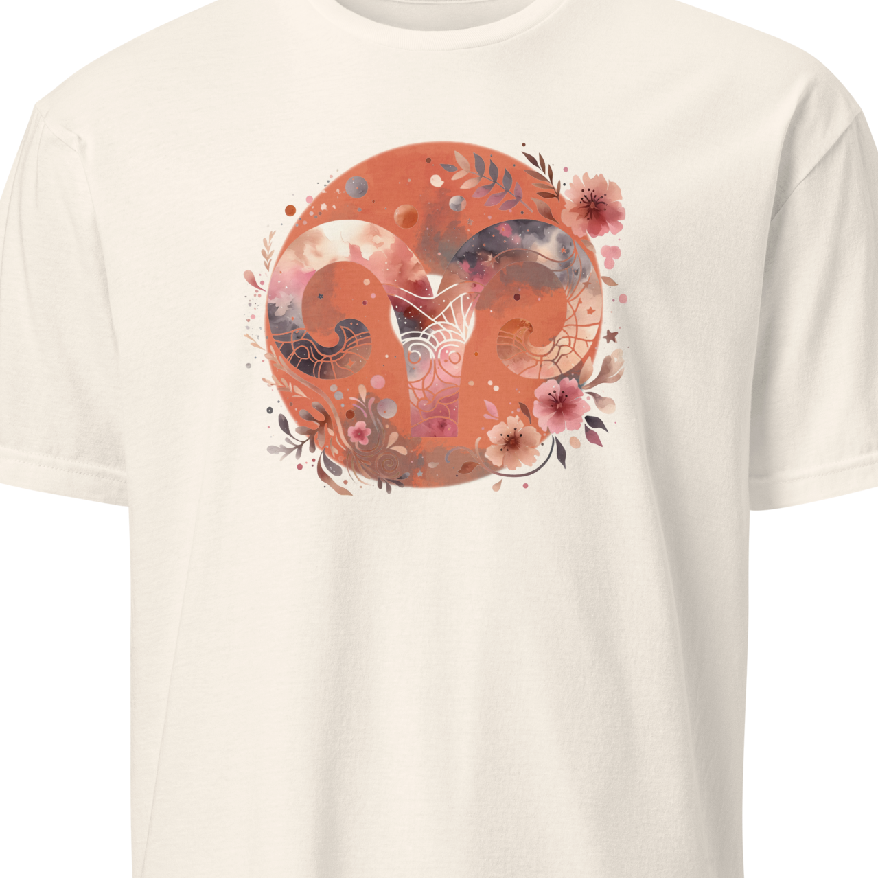 White t-shirt with a floral and sun design on a white background