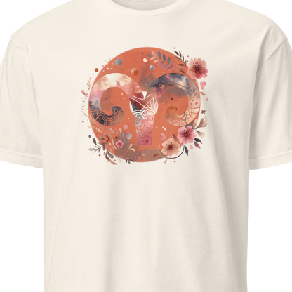 White t-shirt with a floral and sun design on a white background