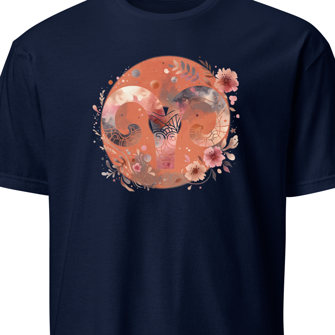 Navy blue t-shirt with a circular design featuring an aries symbol and floral elements 