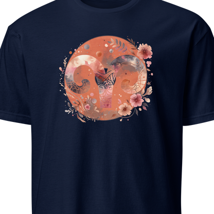 Navy blue t-shirt with a circular design featuring an aries symbol and floral elements 